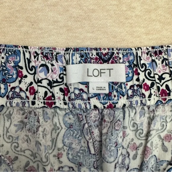 Loft Women's Size L Floral Linen Blue Cotton Elastic Waist High Rise Crop Pants - Picture 3 of 9